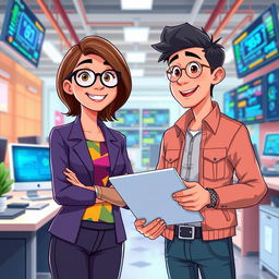 An animated scene featuring a female administrator with brown hair and glasses standing next to a male electronic engineer with black hair