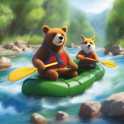 A high-quality, realistic image showing a bear and a fox engaging in a thrilling rafting adventure on the Mrežnica River