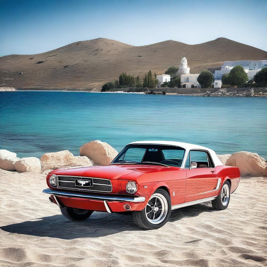 A high-quality, realistic image showcasing a Ford Mustang on the beautiful island of Rab