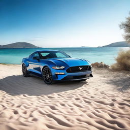 A high-quality, realistic image showcasing a Ford Mustang on the beautiful island of Rab