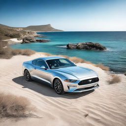 A high-quality, realistic image showcasing a Ford Mustang on the beautiful island of Rab