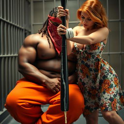 A close-up torso shot of two characters in a prison cell