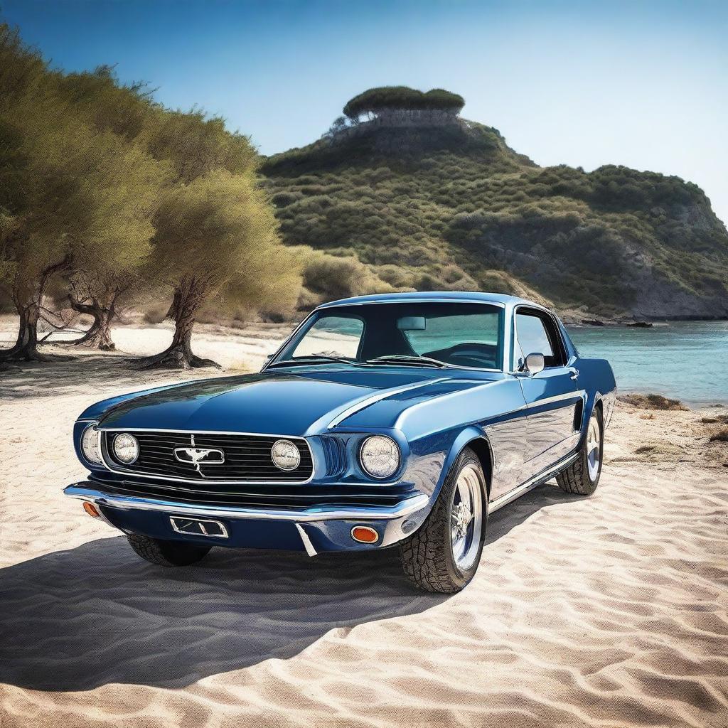 A high-quality, realistic image showcasing a Ford Mustang on the beautiful island of Rab