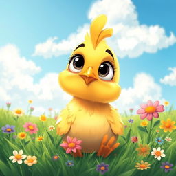 A whimsical yet detailed depiction of a cartoon chicken with big, expressive eyes, gazing up curiously
