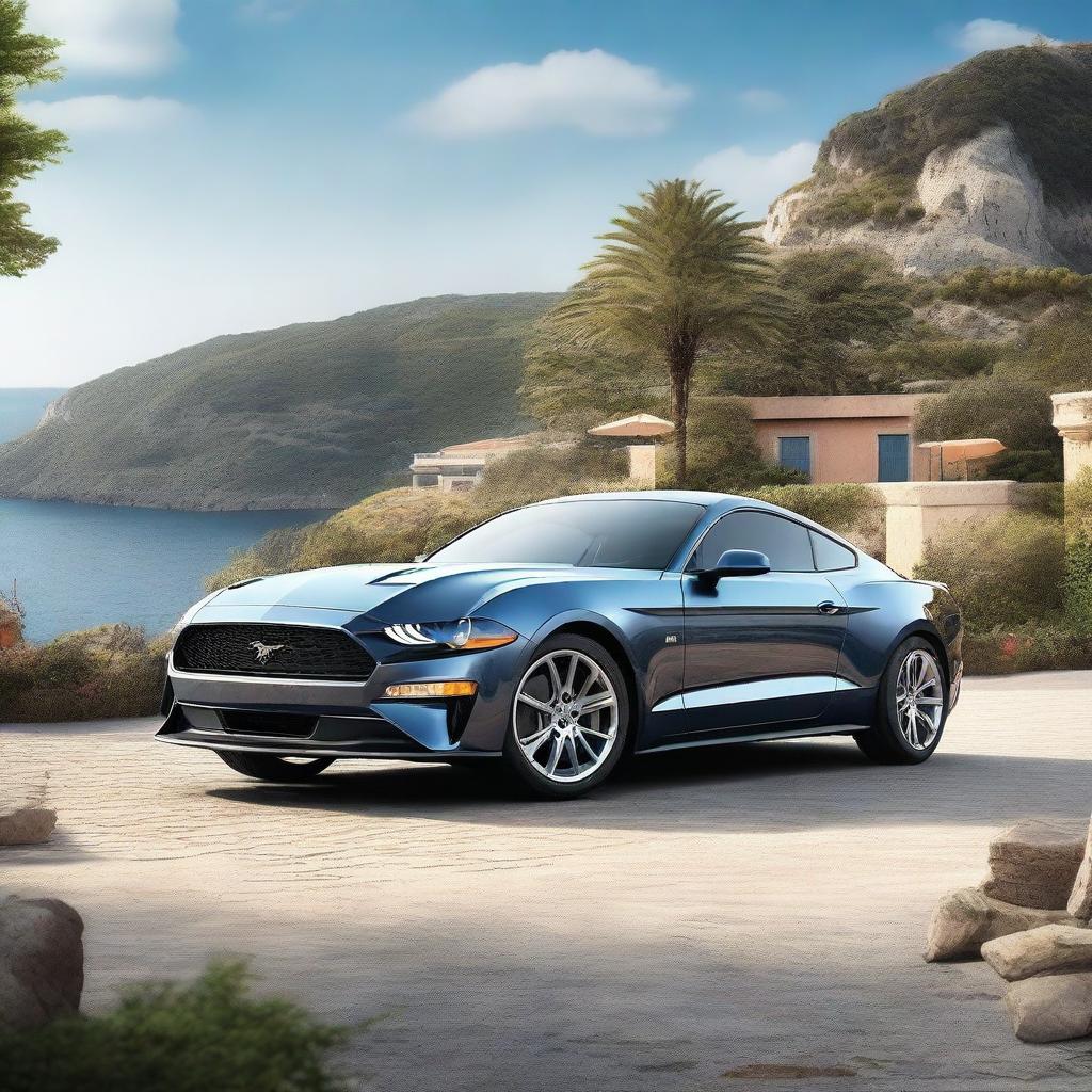 An image of superior quality presenting a Ford Mustang on the island of Rab