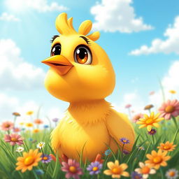 A whimsical yet detailed depiction of a cartoon chicken with big, expressive eyes, gazing up curiously