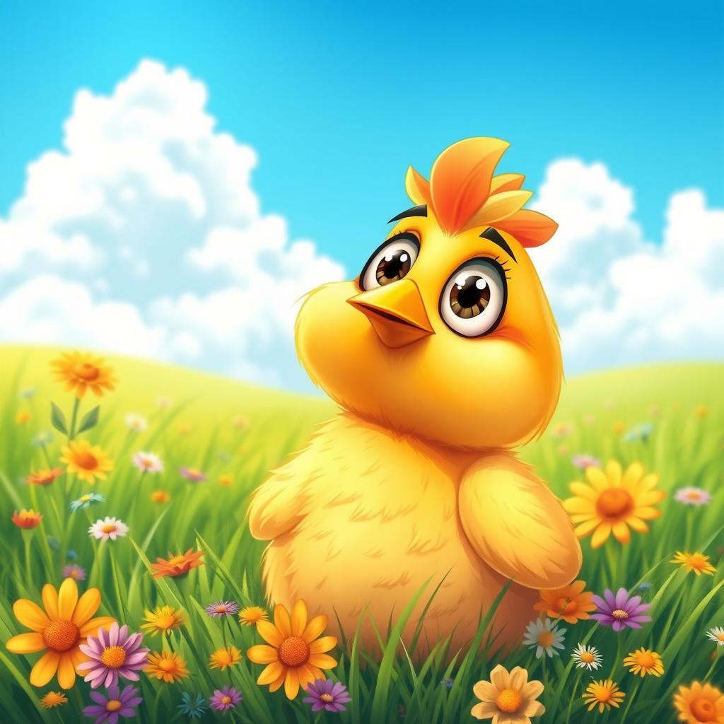 A whimsical yet detailed depiction of a cartoon chicken with big, expressive eyes, gazing up curiously