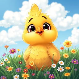 A whimsical yet detailed depiction of a cartoon chicken with big, expressive eyes, gazing up curiously