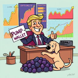 A whimsical cartoon illustration featuring a comical president character at a desk surrounded by crypto charts showing outrageous upward trends