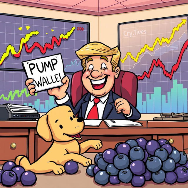 A whimsical cartoon illustration featuring a comical president character at a desk surrounded by crypto charts showing outrageous upward trends