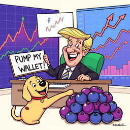 A whimsical cartoon illustration featuring a comical president character at a desk surrounded by crypto charts showing outrageous upward trends