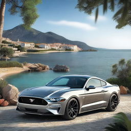 An image of superior quality presenting a Ford Mustang on the island of Rab