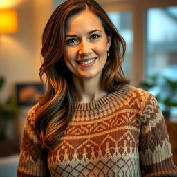 A woman aged between 30 to 45 years with chestnut brown hair and European features, wearing a stylish sweater
