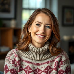 A woman aged between 30 to 45 years with chestnut brown hair and European features, wearing a stylish sweater