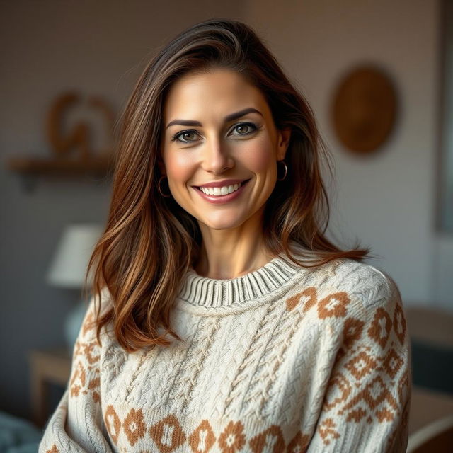 A woman aged between 30 to 45 years with chestnut brown hair and European features, wearing a stylish sweater