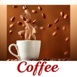 A vibrant coffee advertisement featuring two coffee cups, one large and one small