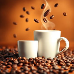 A vibrant coffee advertisement featuring two coffee cups, one large and one small