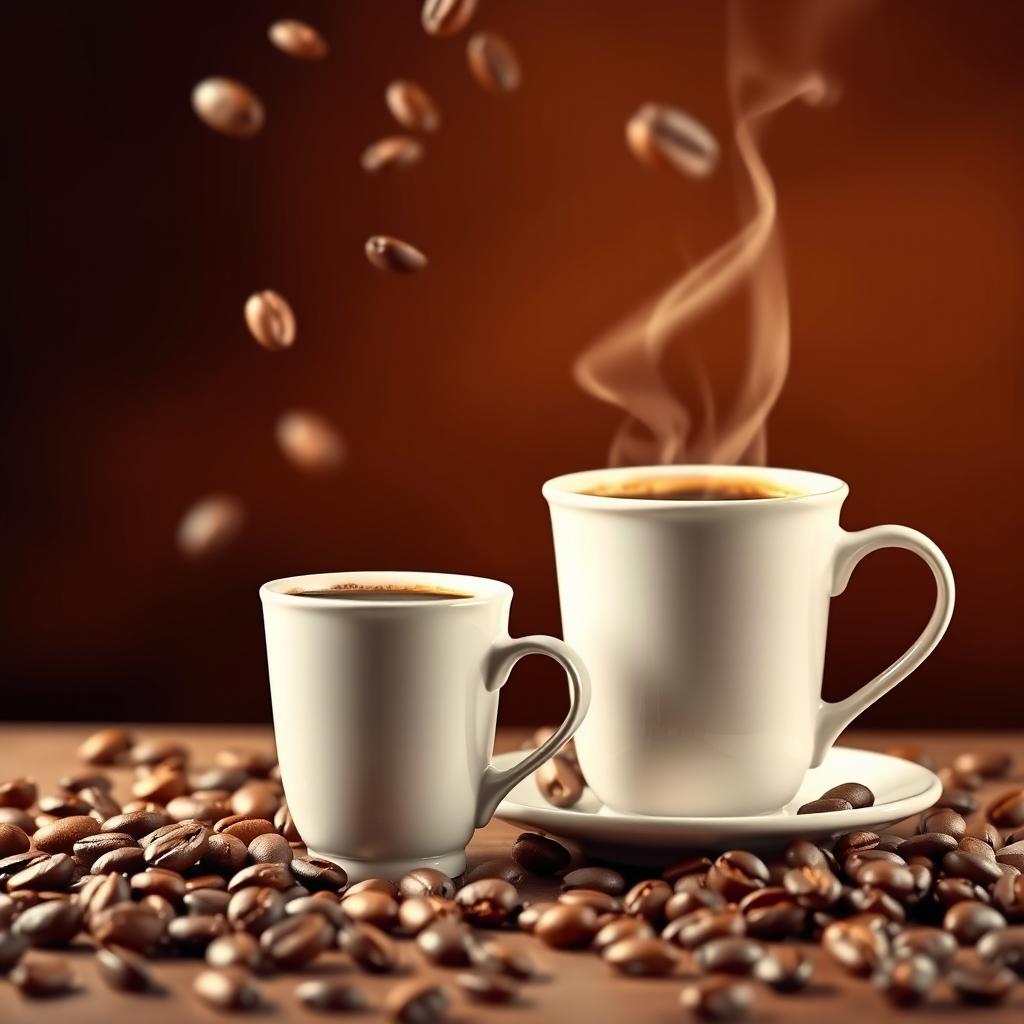 A vibrant coffee advertisement featuring two coffee cups, one large and one small