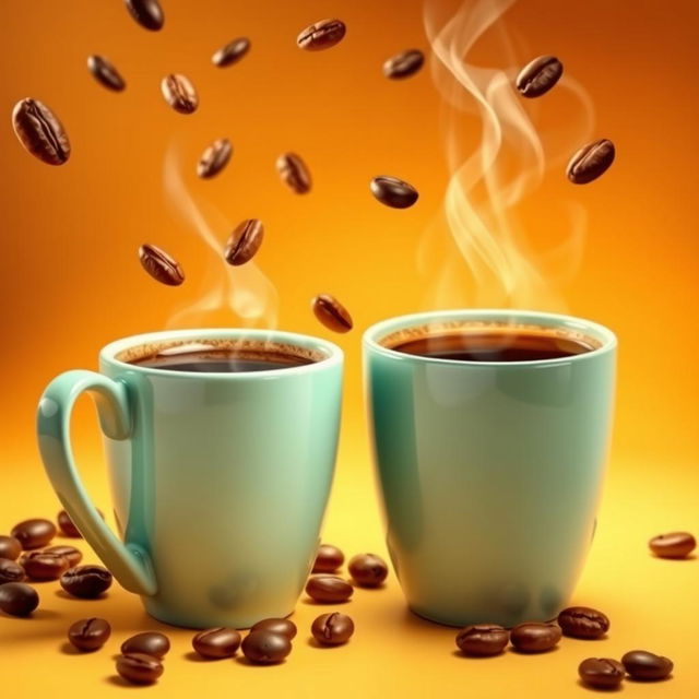 A vibrant coffee advertisement featuring two coffee cups, one large and one small