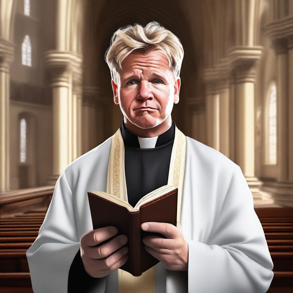 A high-quality digital art depiction of Gordon Ramsay dressed as a priest