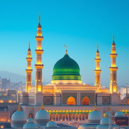 A serene and detailed depiction of Masjid an-Nabawi in Madinah, Saudi Arabia, showcasing its iconic green dome and golden minarets