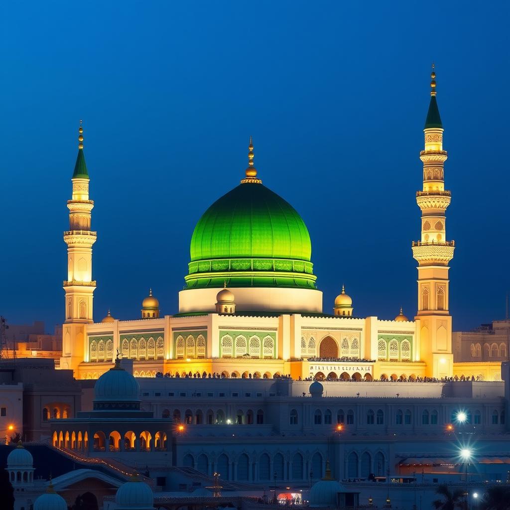 A serene and detailed depiction of Masjid an-Nabawi in Madinah, Saudi Arabia, showcasing its iconic green dome and golden minarets