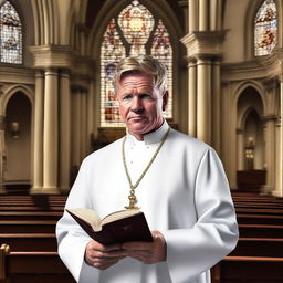 A high-quality digital art depiction of Gordon Ramsay dressed as a priest