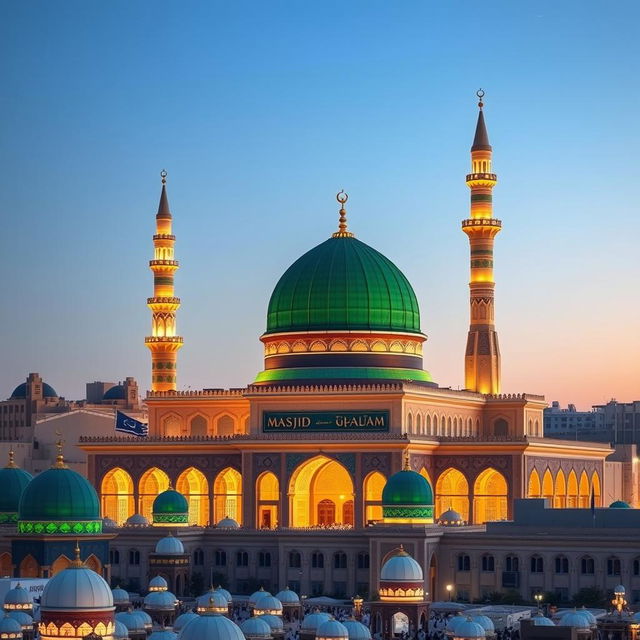 A serene and detailed depiction of Masjid an-Nabawi in Madinah, Saudi Arabia, showcasing its iconic green dome and golden minarets