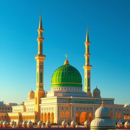 A serene and detailed depiction of Masjid an-Nabawi in Madinah, Saudi Arabia, showcasing its iconic green dome and golden minarets