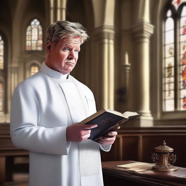 A high-quality digital art depiction of Gordon Ramsay dressed as a priest