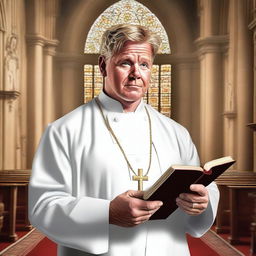 A high-quality digital art depiction of Gordon Ramsay dressed as a priest