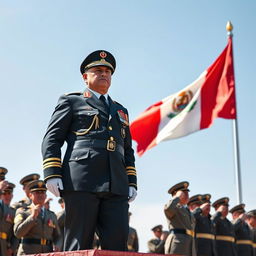 A powerful and charismatic Peruvian president standing proudly at the forefront of his national army, exuding confidence and authority