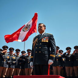 A powerful and charismatic Peruvian president standing proudly at the forefront of his national army, exuding confidence and authority