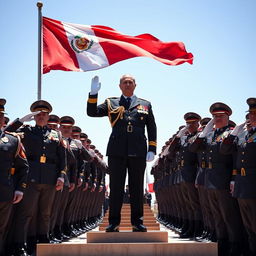 A powerful and charismatic Peruvian president standing proudly at the forefront of his national army, exuding confidence and authority