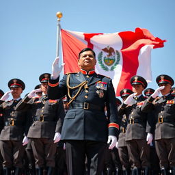 A powerful and charismatic Peruvian president standing proudly at the forefront of his national army, exuding confidence and authority