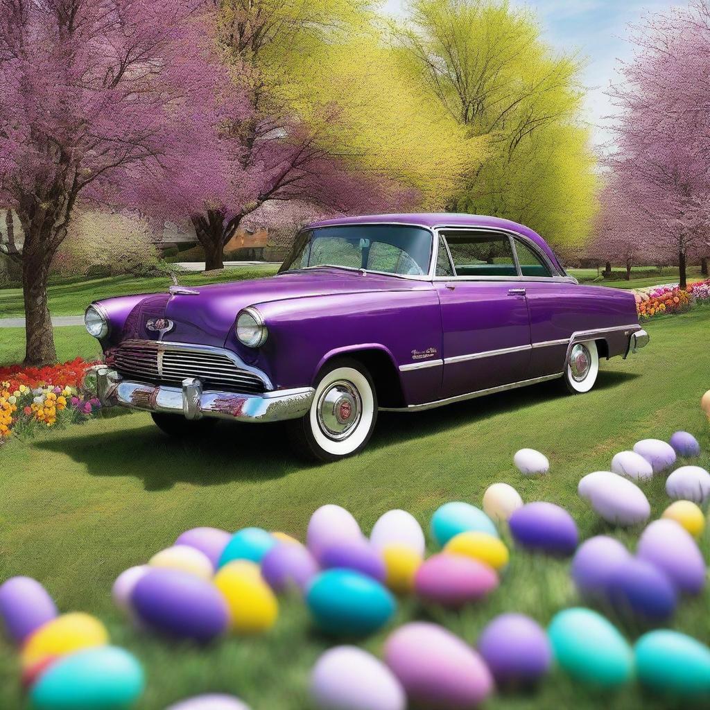 A high-quality photograph captures a vibrant purple car cruising on a road amidst an Easter-themed wonderland