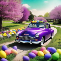 A high-quality photograph captures a vibrant purple car cruising on a road amidst an Easter-themed wonderland