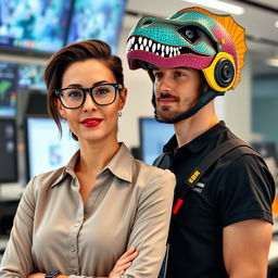 A professional female administrator wearing stylish glasses, standing confidently next to a male electronic engineer with a helmet inspired by dinosaurs