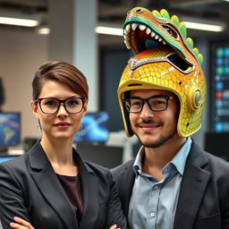 A professional female administrator wearing stylish glasses, standing confidently next to a male electronic engineer with a helmet inspired by dinosaurs