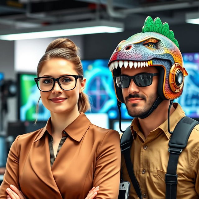 A professional female administrator wearing stylish glasses, standing confidently next to a male electronic engineer with a helmet inspired by dinosaurs