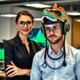 A professional female administrator wearing stylish glasses, standing confidently next to a male electronic engineer with a helmet inspired by dinosaurs