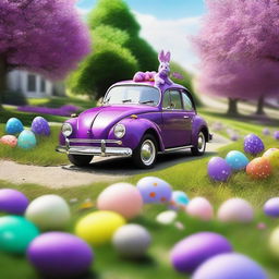 A high-quality photograph captures a vibrant purple car cruising on a road amidst an Easter-themed wonderland