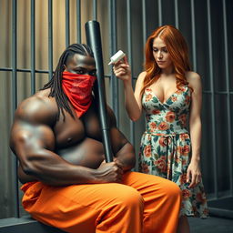 In a close-up torso shot, depict a large muscular African American gang member sitting in a prison cell