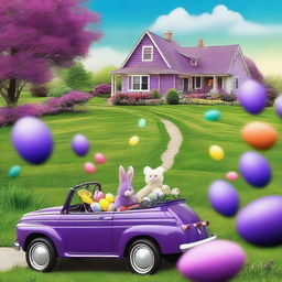 A high-quality photograph captures a vibrant purple car cruising on a road amidst an Easter-themed wonderland