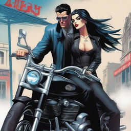 A high-quality digital art image for a crime book cover featuring a dangerous, tall, tattooed man with ice-blue eyes and black hair from the mafia, astride a roaring motorcycle