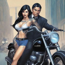 A high-quality digital art image for a crime book cover featuring a dangerous, tall, tattooed man with ice-blue eyes and black hair from the mafia, astride a roaring motorcycle