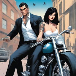 A high-quality digital art image for a crime book cover featuring a dangerous, tall, tattooed man with ice-blue eyes and black hair from the mafia, astride a roaring motorcycle