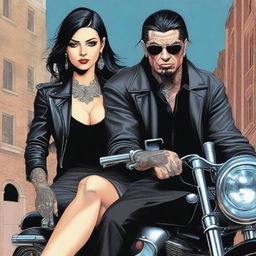 A high-quality digital art image for a crime book cover featuring a dangerous, tall, tattooed man with ice-blue eyes and black hair from the mafia, astride a roaring motorcycle