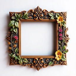 A rectangular medieval-style frame adorned with intricate details of nature and flowers