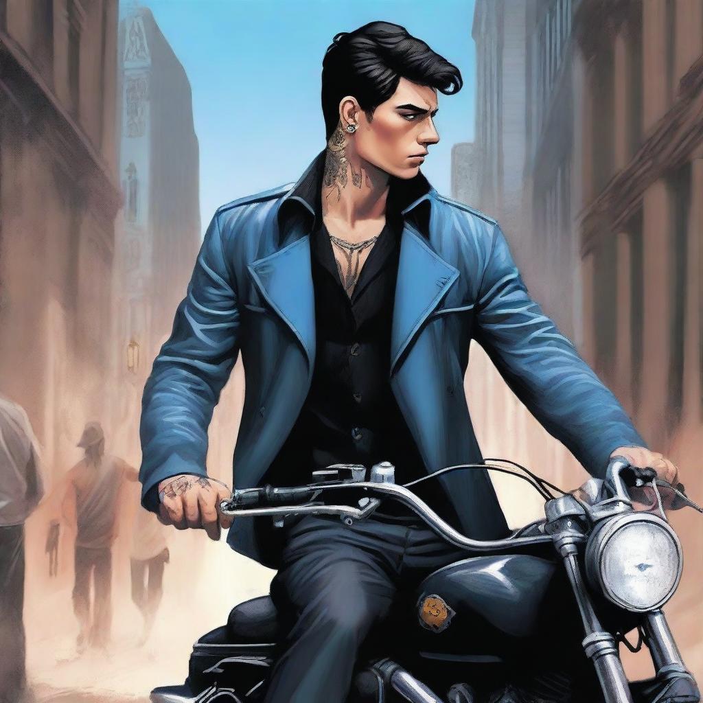 A high-quality digital art image for a crime book cover, showcasing a young, handsome, 25-year-old mafia member with dangerous ice-blue eyes, tall stature, tattoos, and black hair